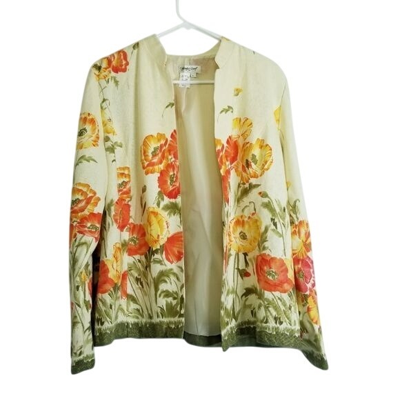 Coldwater Creek Floral Poppy Linen Blend Open‎ Blazer Jacket Elegant Colorful L - Picture 1 of 8